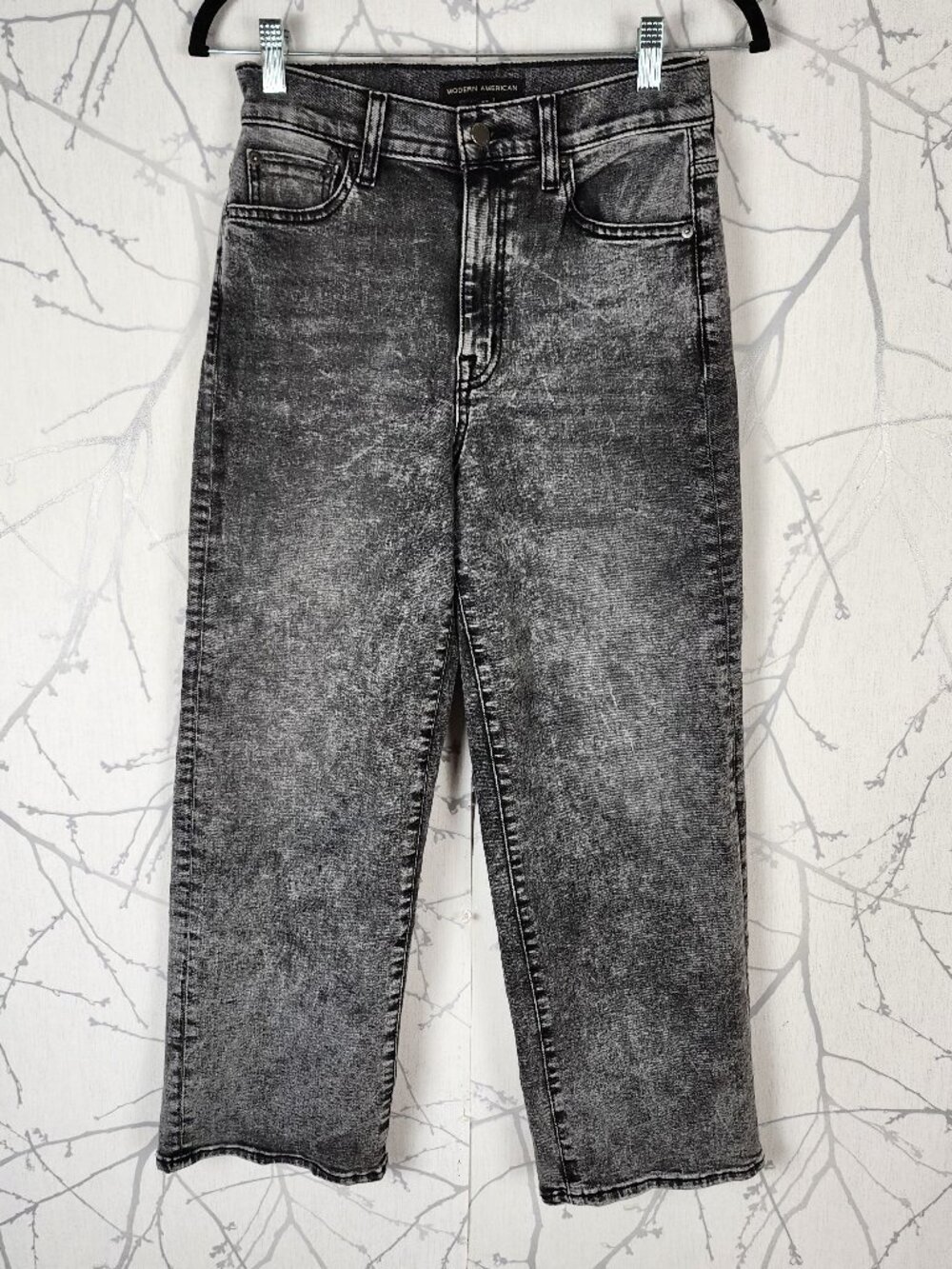 Modern American Gray Wash Stretch Denim High Rise Wide Leg Crop Jeans
